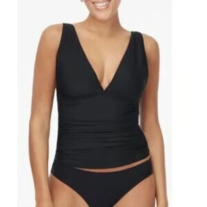 J.Crew Ruched Plunge Tankini Top WMNS M Black Deep V-Neck Lined Adjustable Strap